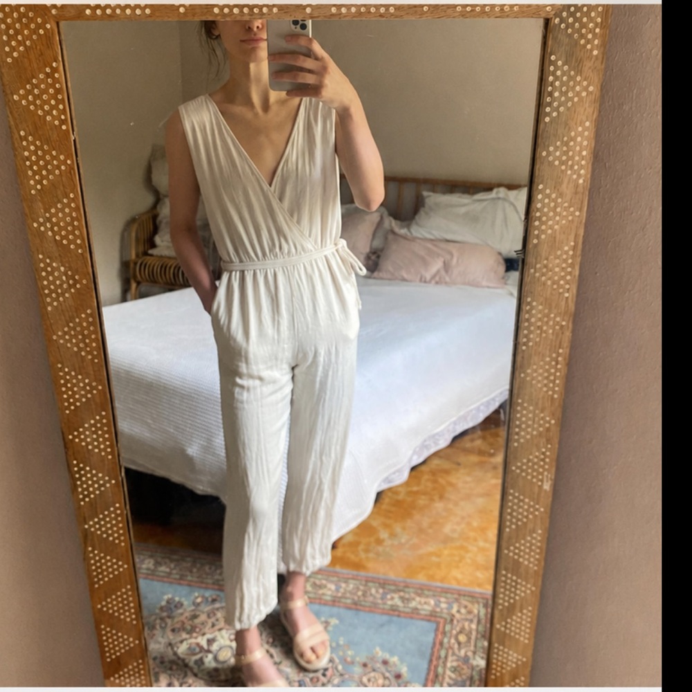 Sim & Sam Women's Cream Beige Sleeveless Wrap Tie Lineny Jumpsuit